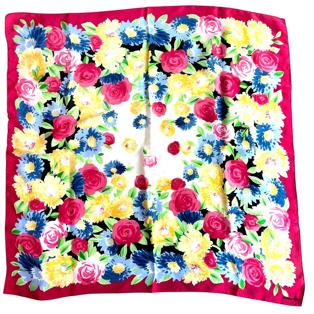 Vintage Pendleton silk scarf colorful floral square pink yellow watercolor motif